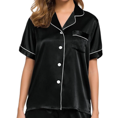 Swomog Silk Sleepwear Two Piece Pyjama Set - Black