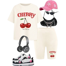 White Other Sets Children's Clothing Shein Vintage Cherry Pattern Tween Girls Short Set - Suitable For Summer