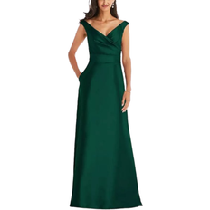 Alfred Sung Off The Shoulder Draped Wrap Satin Maxi Dress - Hunter Green