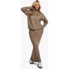 Brown - Women Suits boohoo Womens Wide Soft Rib Roll Neck Jumper And Maxi Skirt - Brown