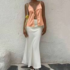 Orange Tank Tops Shein Solid Color Lace Patchwork Spaghetti Strap - Backless