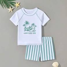 Shein Young Boy Coconut Tree Printed Raglan Sleeve Top Striped Two-Piece Swimwear Set