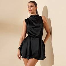 Satin Jumpsuits & Overalls Shein Glossy Satin Asymmetrical Collar Ruffle Jumpsuit