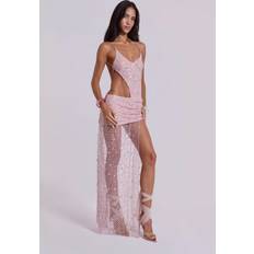 Asymmetric Hand Beaded Maxi Dress - Pink