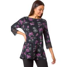 Long Sleeves Blouses Roman Floral Print Lace Detail Stretch Top - Black