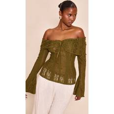 Clothing PrettyLittleThing Fitted Lace Flared Sleeve Bardot Top - Dark Olive