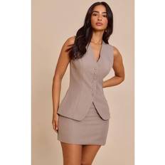 Clothing PrettyLittleThing Button Up Collarless Waistcoat - Mushroom