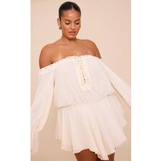 PrettyLittleThing Plus Cream Chiffon Long Sleeve Bardot Floaty Playsuit - White