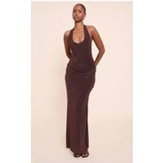 PrettyLittleThing Slinky Halterneck Ruched Detail Maxi Dress - Chocolate