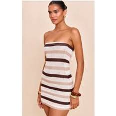 PrettyLittleThing Striped Texture Bandeau Bodycon Dress - Brown