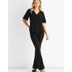Women Blouses Pleat Sleeves V Neck Top - Black