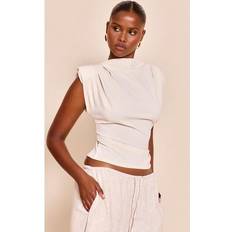 Boat Neck Blouses PrettyLittleThing Almond Shoulder Pad Pleated Boat Neck Top