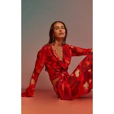 Red Swimsuit Cover-Ups & Sarong Wraps PrettyLittleThing Printed Chiffon Wrap Waist Beach Top - Red