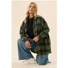 Green - Women Shirts Yours Curve Khaki Green Oversized Check Shirt - Light Khaki