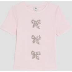 Pink Tops River Island Girls Pink Ribbed Diamante Bow T-Shirt
