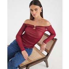 XL Blouses River Island Womens Red Long Sleeve Ruched Mesh Bardot Top
