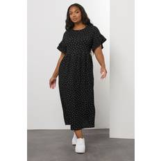 Yours Polka Dot Frill Sleeve Midaxi Dress - Black