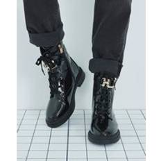 Lack Kängor & Boots River Island Womens Black Patent Lace Up Buckled Chunky Boots
