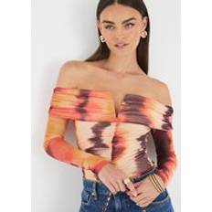Women Shapewear & Under Garments River Island Womens Mesh Long Sleeve Bardot Bodysuit - Orange