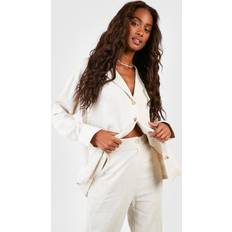 boohoo Womens Linen Mix Relaxed Fit Long Sleeve Shirt - Beige