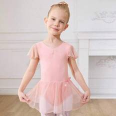 Shein Young Girls Pink Ballet Leotard With Skirt - Cute Bow