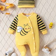 Girls - Yellow Bodysuits Temu Girls Cute Cartoon Bee Striped Long Sleeve Bodysuit With Hat - Spring/Autumn Outdoor