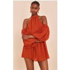 PrettyLittleThing Ruffle Off Shoulder Playsuit - Orange