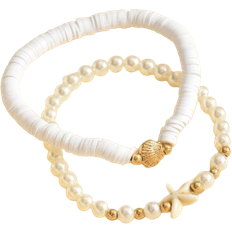 Shein 2pcs/Set Bohemian Style Faux Pearl Soft Clay Shell & Starfish Ladies Beaded Bracelet, Minimalist Design For Beach Vacation, Suitable For Daily Outfit And Holiday Traveling