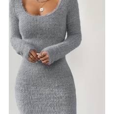 Polyester - Vuxen Klänningar Temu Elegant Scoop Neck Knit Fabric Bodycon Dress - Solid Color