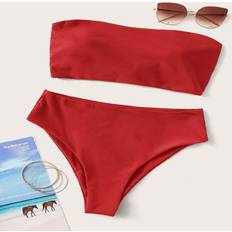 Lace Swimwear Shein Summer Beach Solid Bikini Set Lace Up Back Reversible Tube Bra High Waisted Bottom 2 Piece - Bathing Suit