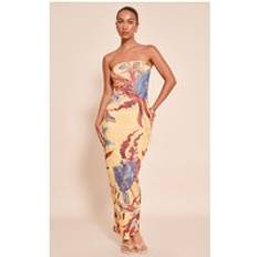 PrettyLittleThing Floral Abstract Printed Onion Skin Bandeau Dress - Yellow