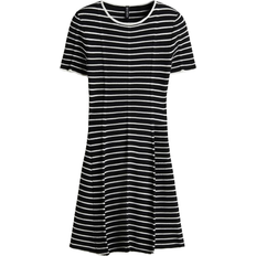 H&M Rib-Knit Dress with Flared Skirt - Black/Striped