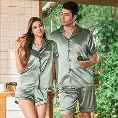 Green - Men Pyjamas Shein Solid Color Satin Short Sleeve Shorts - Summer