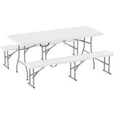 White Garden Table OutSunny 3 Piece Folding Picnic Table and Bench Set White