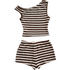 Soleia 2pcs/Set Women's Red & White Striped Knit Crop Top And Super Low-Waist Bodycon Shorts Set, Vacation, Party, Christmas, Valentine's Day, Date, Beach, Cruise, Carnival, Easter, Chinese New Year