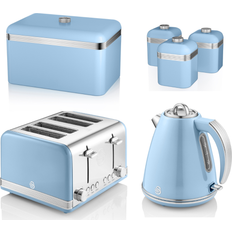Swan Retro Blue Kettle 4 Slice Toaster Set