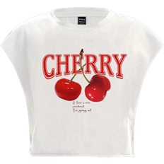 Shein Slaydiva Casual Simple Red Cherry Pattern Letter Print Loose Cropped Round Neck Short Sleeve T-Shirt For Women,Slightly Sheer Suitable For Summer
