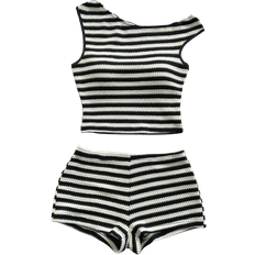 Soleia 2pcs Women Holiday Outfit - Red & White Stripe Knit Asymmetrical Neck Crop Top And Ultra Low-Rise Bodycon Shorts Set, Suitable For Party, Christmas, Valentine's Day, Date, Beach, Cruise, Carnival, Easter, Chinese New Year,Summer Sets