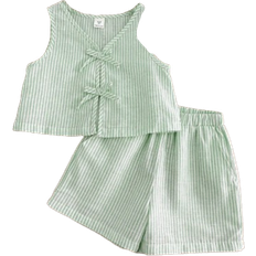 Shein Young Girl Woven Striped Round Neck Top Shorts Set