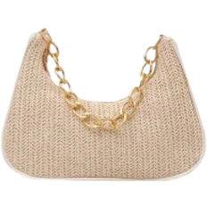Shein Fashionable Solid-Color Metal Chain Straw Crescent Moon Tote Bag, Women's Multi-Purpose Handbag, Clutch, Beach Bag, Casual Straw Handbag, Phone Pouch