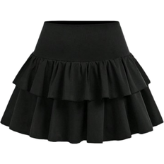 Shein Girlism Teen Girls Casual, Sports, Preppy, Back To School, Black Layered Ruffle Hem Cake Tutu Shorts Skirt, Spring And Summer
