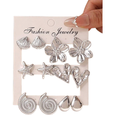 Shein 6 Pairs Fashion Silver Shell, Seashell, Starfish, 5-Petal Flower, Heart, Water Drop Shaped Earrings, Suitable For Women's Daily Wear