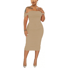 Shein Women's Sleeveless Off Shoulder Ruched Midi Dress Bodycon Ruffle Strapless Sexy Party Club Tube Dresses