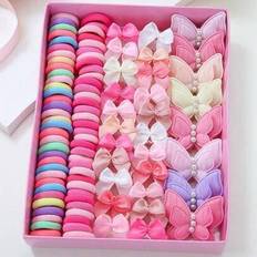Shein 115pcs Pink Hair Accessory Set For Girls: Ribbon Bow Hair Scrunchies, Pearl Butterfly Hair Clips, Simple Princess Hair Ties, Non-Damaging Towel Scrunchies, Baby Hair Clips