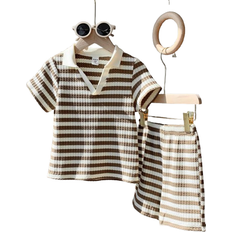 Shein Young Boys Casual Sports College Street Cute Vacation Striped Lapel Shorts Set - Khaki