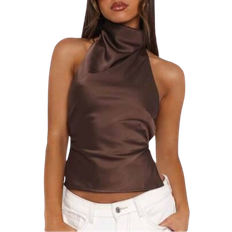 Shein Women Acute Halter Neck Satin Sleeveless Backless Solid Color Slim Fit Summer Tank Crop Tops Teen Girls Going Out Tops Aesthetic Clothes Club Streetwear