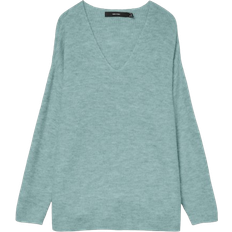 Acrylic - Sweatshirts Jumpers Vero Moda V-Neck Dropped Shoulder Seams Sweater - Aqua/Gray Mist