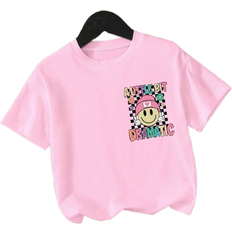 Shein Young Girl Casual Cute Checkered Face & Letter Print Round Neck Short Sleeve T-shirt