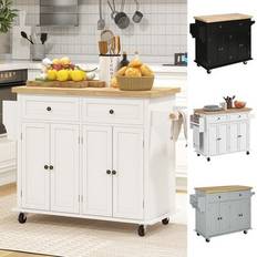 Kitchen Islands Homcom Rolling Kitchen Island Storage Trolley with Rubber Wood Top Drawers - Cream White