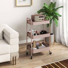 Pink Trolley Tables Homcom Three-Tier Steel Storage Pink Trolley Table